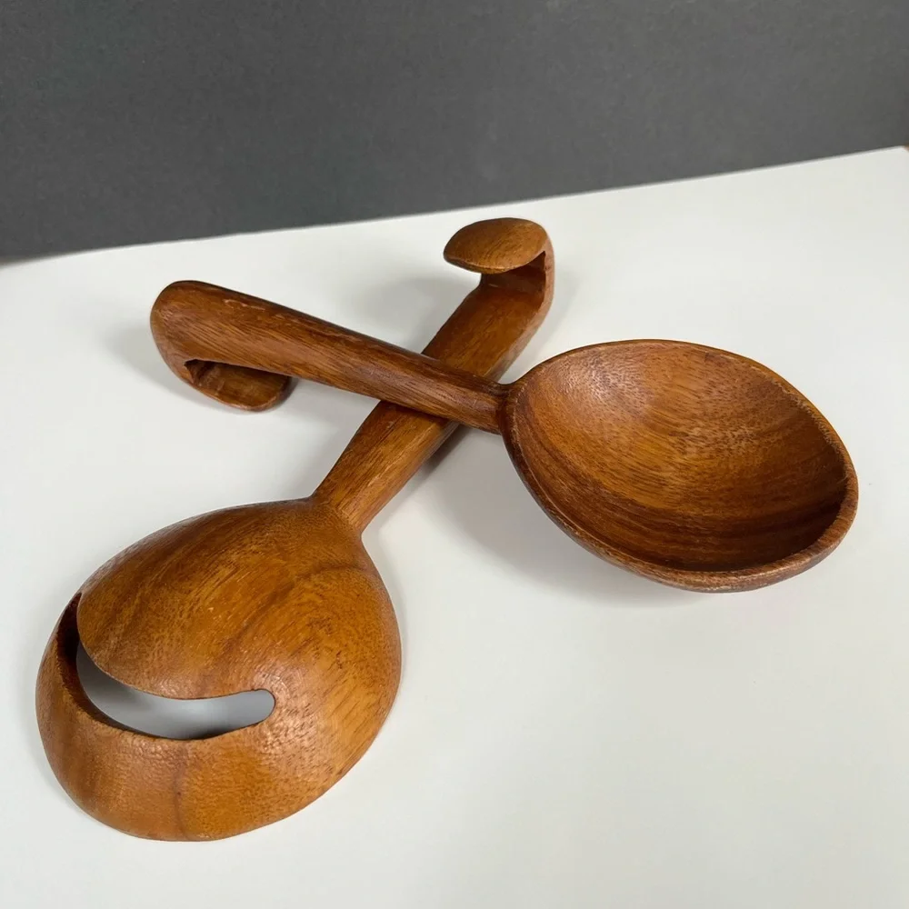 Artisan Wooden Salad Servers Hand-turned Serving Utensils Teak Handcrafted Wood